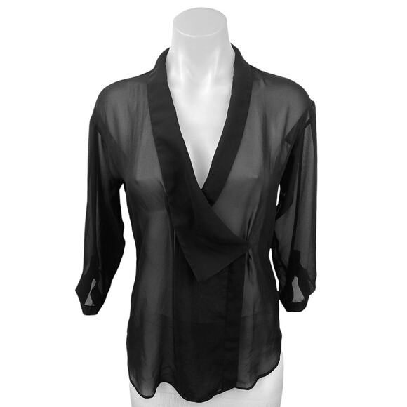 ASOS Black Sheer 3/4 Sleeve Lightweight V Neck Casual Wrap Blouse Top Size 2 - Picture 1 of 4